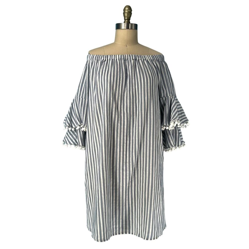 Neiman Marcus Off-Shoulder Striped Pom-Pom Shift Dress size Large